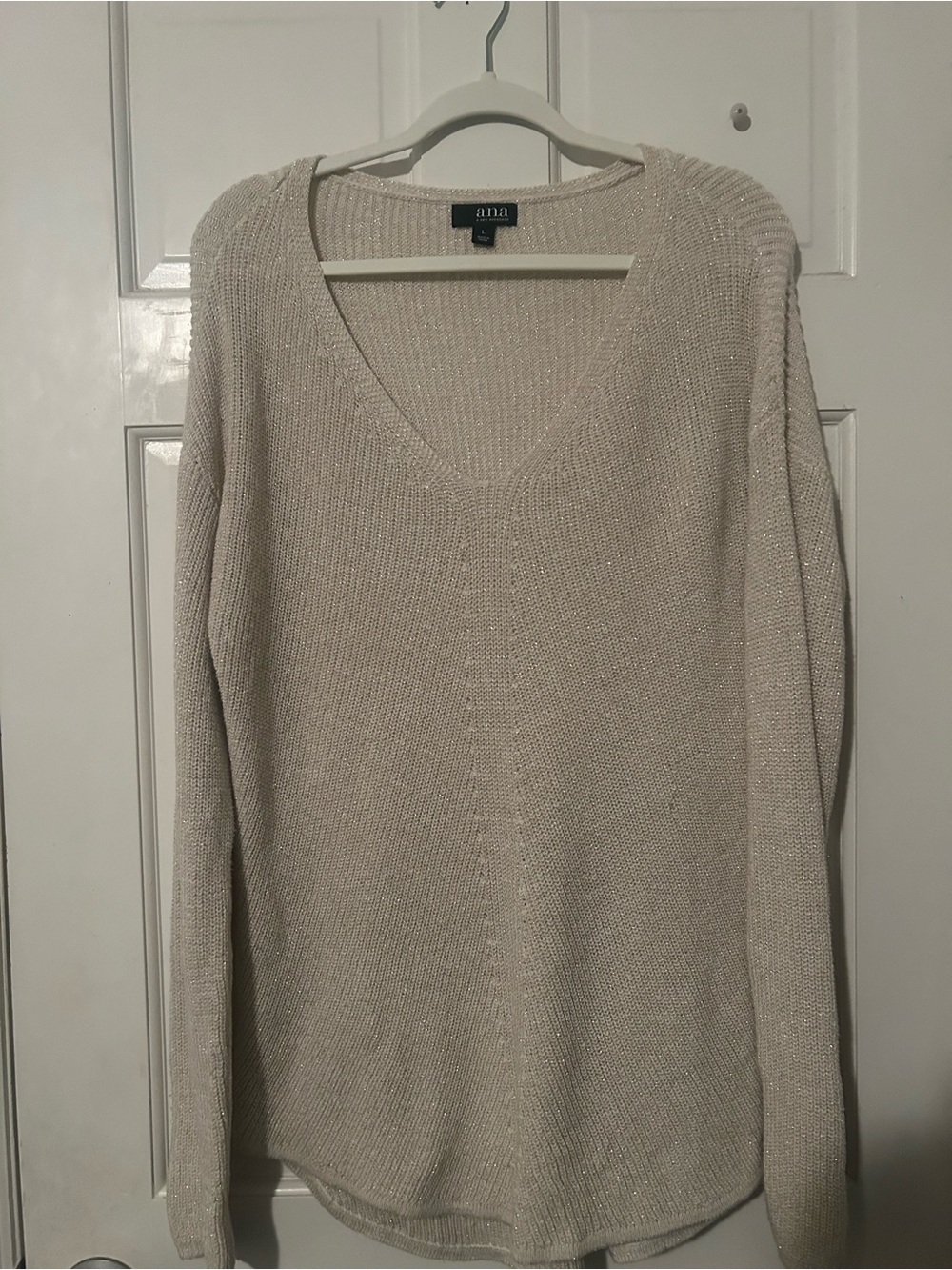 a.n.a Cream V-Neck Metallic-Thread Sweater